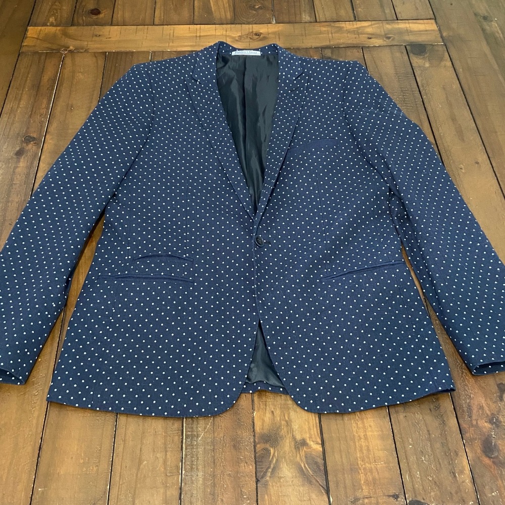 Paisley & Gray Mens Slim Fit Polka Dot Blazer Navy Blue Elbow Patches Sport Coat